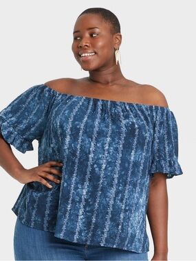 Knox Rose Blue Tie Dye Ruffle Off the Shoulder Eyelet Embroidery Boho Top XL